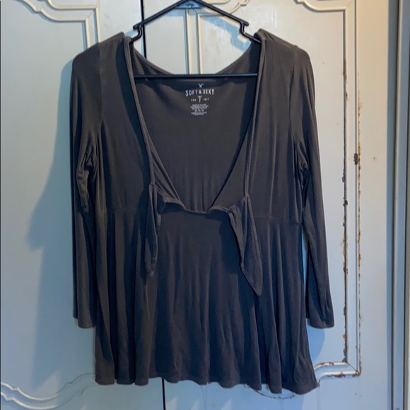 Aerie Grey Longsleeve Tee w/ Tie Front - Picture 2 of 3